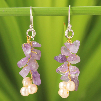 Cultured pearl and amethyst cluster earrings, 'Afternoon Lilac' - Unique Beaded Amethyst Earrings