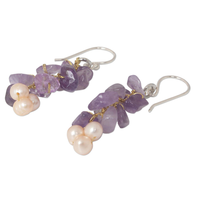 Cultured pearl and amethyst cluster earrings, 'Afternoon Lilac' - Unique Beaded Amethyst Earrings