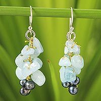 Cultured pearl and aquamarine cluster earrings, 'Afternoon Sigh' - Unique Aquamarine Dangle Earrings