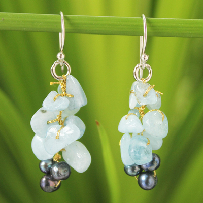 Cultured pearl and aquamarine cluster earrings, 'Afternoon Sigh' - Unique Aquamarine Dangle Earrings