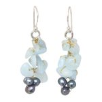 Cultured pearl and aquamarine cluster earrings, 'Afternoon Sigh' - Unique Aquamarine Dangle Earrings