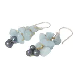 Cultured pearl and aquamarine cluster earrings, 'Afternoon Sigh' - Unique Aquamarine Dangle Earrings
