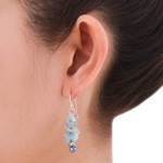 Cultured pearl and aquamarine cluster earrings, 'Afternoon Sigh' - Unique Aquamarine Dangle Earrings