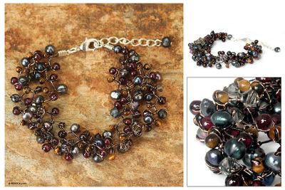 Cultured pearl and garnet beaded bracelet, 'Stormy Weather' - Hand Crafted Pearl and Garnet Bracelet