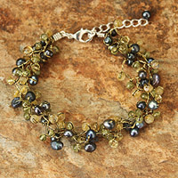 Cultured pearl and peridot beaded bracelet, 'Bright Passion'
