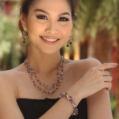 Cultured pearl and amethyst beaded bracelet, 'Mystic Passion' - Handcrafted Pearl and Amethyst Bracelet