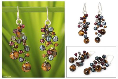 Cultured pearl and tiger's eye beaded earrings 'Stormy Weather' - Tiger's Eye and Pearl Cluster Earrings