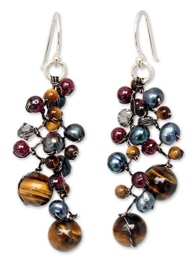 Cultured pearl and tiger's eye beaded earrings 'Stormy Weather' - Tiger's Eye and Pearl Cluster Earrings