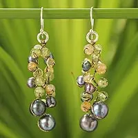 Cultured pearl and peridot beaded earrings, 'Bright Passion'