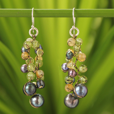 Cultured pearl and peridot beaded earrings, Bright Passion