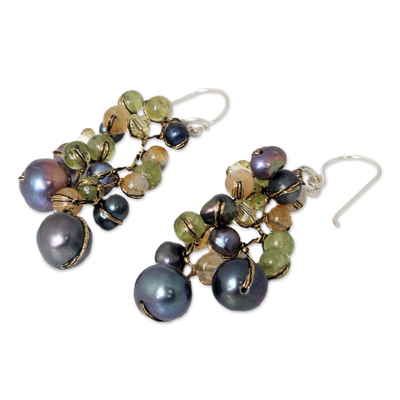 Cultured pearl and peridot beaded earrings, 'Bright Passion' - Pearl and Citrine Dangle Earrings
