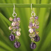 Cultured pearl and amethyst beaded earrings, 'Mystic Passion' - Artisan Crafted Amethyst Earrings