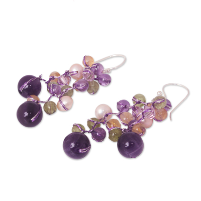 Cultured pearl and amethyst beaded earrings, 'Mystic Passion' - Artisan Crafted Amethyst Earrings