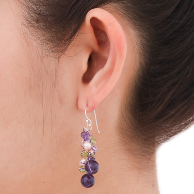 Cultured pearl and amethyst beaded earrings, 'Mystic Passion' - Artisan Crafted Amethyst Earrings