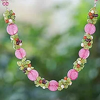 Cultured pearl and peridot beaded necklace, 'Peony Romance' - Beaded Quartz Multigem Necklace from Thailand