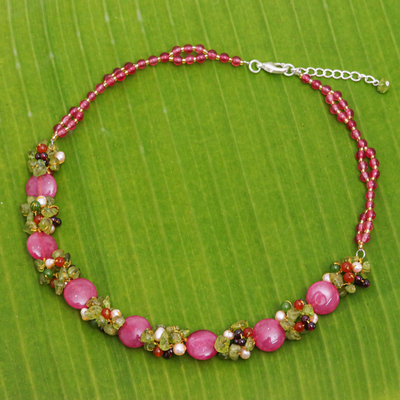 Collar de perlas cultivadas y peridotos - Collar multigema de cuarzo con cuentas de Tailandia