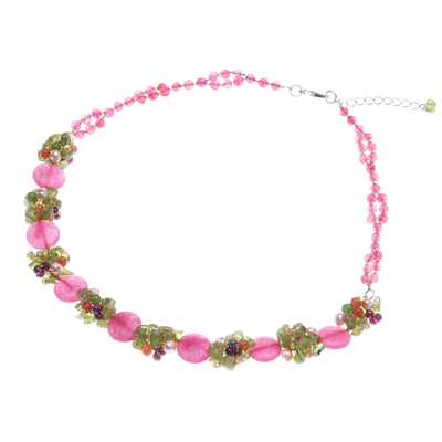 Cultured pearl and peridot beaded necklace, 'Peony Romance' - Beaded Quartz Multigem Necklace from Thailand