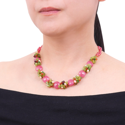 Cultured pearl and peridot beaded necklace, 'Peony Romance' - Beaded Quartz Multigem Necklace from Thailand