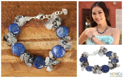Cultured pearl and tourmalinated quartz beaded bracelet, 'Peony Romance' - Handcrafted Pearl and Agate Beaded Bracelet