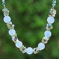 Quartz and aquamarine beaded necklace, 'Light Blue Peonies'