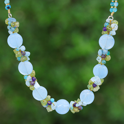 Quartz and aquamarine beaded necklace, 'Light Blue Peonies' - Artisan Crafted Beaded Aquamarine and Agate Necklace
