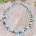 Quartz and aquamarine beaded necklace, 'Light Blue Peonies' - Artisan Crafted Beaded Aquamarine and Agate Necklace