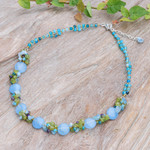 Quartz and aquamarine beaded necklace, 'Light Blue Peonies' - Artisan Crafted Beaded Aquamarine and Agate Necklace
