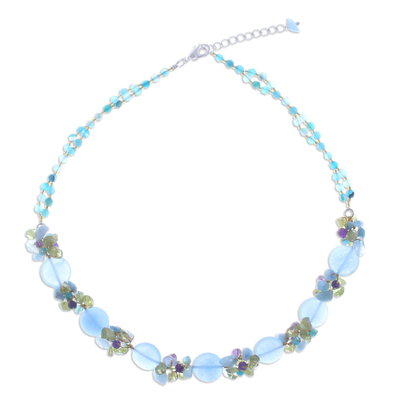 Halskette aus Quarz- und Aquamarinperlen - Von Hand gefertigte Perlenkette aus Aquamarin und Achat