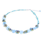 Quartz and aquamarine beaded necklace, 'Light Blue Peonies' - Artisan Crafted Beaded Aquamarine and Agate Necklace