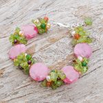 Cultured pearl and peridot beaded bracelet, 'Peony Romance' - Beaded Quartz Multigem Bracelet