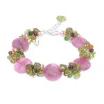 Cultured pearl and peridot beaded bracelet, 'Peony Romance' - Beaded Quartz Multigem Bracelet