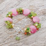 Cultured pearl and peridot beaded bracelet, 'Peony Romance' - Beaded Quartz Multigem Bracelet