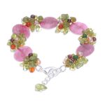 Cultured pearl and peridot beaded bracelet, 'Peony Romance' - Beaded Quartz Multigem Bracelet