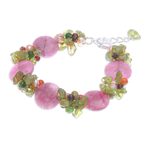 Cultured pearl and peridot beaded bracelet, 'Peony Romance' - Beaded Quartz Multigem Bracelet
