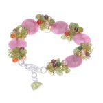 Cultured pearl and peridot beaded bracelet, 'Peony Romance' - Beaded Quartz Multigem Bracelet