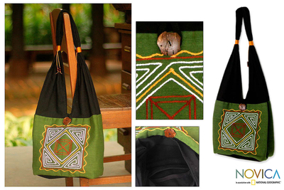 Cotton shoulder bag, 'Jade Secrets' - Thai Embroidered Cotton Shoulder Bag 