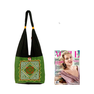 Cotton shoulder bag, 'Jade Secrets' - Thai Embroidered Cotton Shoulder Bag 