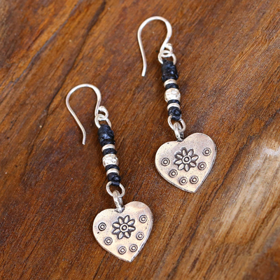 Silver heart earrings, 'Tribal Hearts' - Handcrafted Silver Heart Earrings