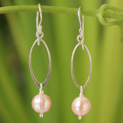 Cultured pearl dangle earrings, 'Precious Peach' - Handcrafted Pearl and Silver Dangle Earrings