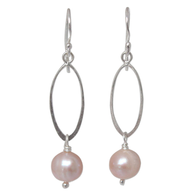 Cultured pearl dangle earrings, 'Precious Peach' - Handcrafted Pearl and Silver Dangle Earrings