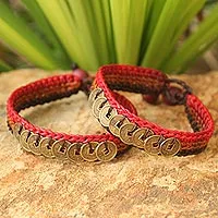 Beaded wristband bracelets, 'Cinnamon Coins' (pair) - Good Fortune Brass Wristband Bracelets (Pair)