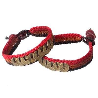 Beaded wristband bracelets, 'Cinnamon Coins' (pair) - Good Fortune Brass Wristband Bracelets (Pair)