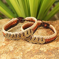 Beaded wristband bracelets, 'Ginger Coins' (pair)