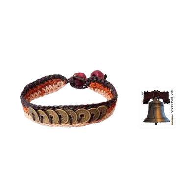 Beaded wristband bracelets, 'Ginger Coins' (pair) - Handcrafted Beaded Brass Coin Bracelets (Pair)