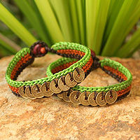 Beaded wristband bracelets, 'Kiwi Coins' (pair) - Beaded wristband bracelets (Pair)