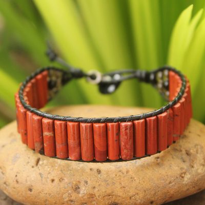 Jasper and smoky quartz wristband bracelet, 'Scarlet Earth' - Jasper Wristband Bracelet from Thailand
