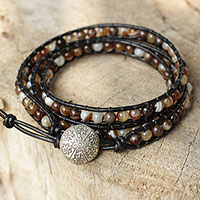 Agate wrap bracelet, 'Forest Flower' - Handcrafted Bohemian Beaded Wrap Bracelet from Thailand