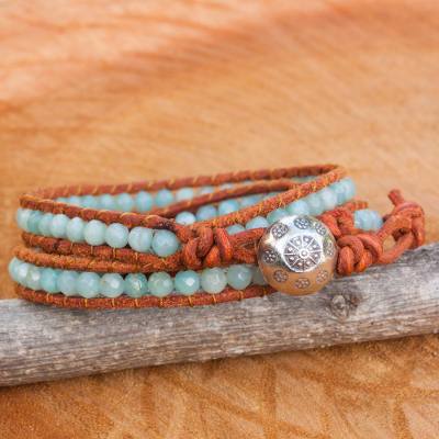 Amazonite and agate wrap bracelet, 'Forest Flower' - Leather and Amazonite Wrap Bracelet