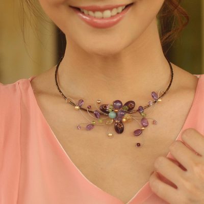 Amethyst and peridot choker, 'Fantasy in Flowers' - Floral Amethyst Beaded Necklace