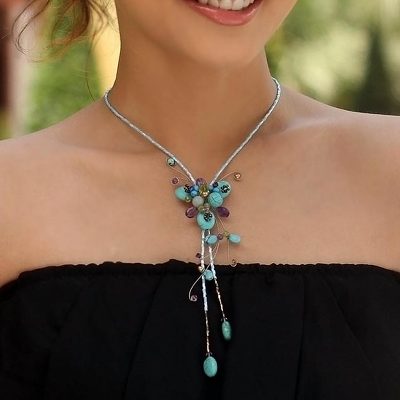 Amethyst and calcite necklace,'Tender Blossoms' - Amethyst and Calcite Choker
